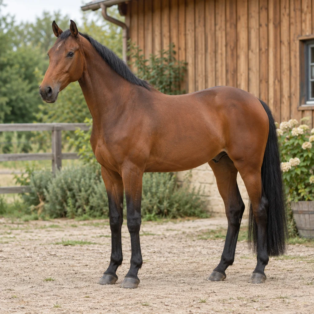 Cheval brun aux crins, à la queue et au bas des membres noirs, entièrement visible près d'une écurie en bois.