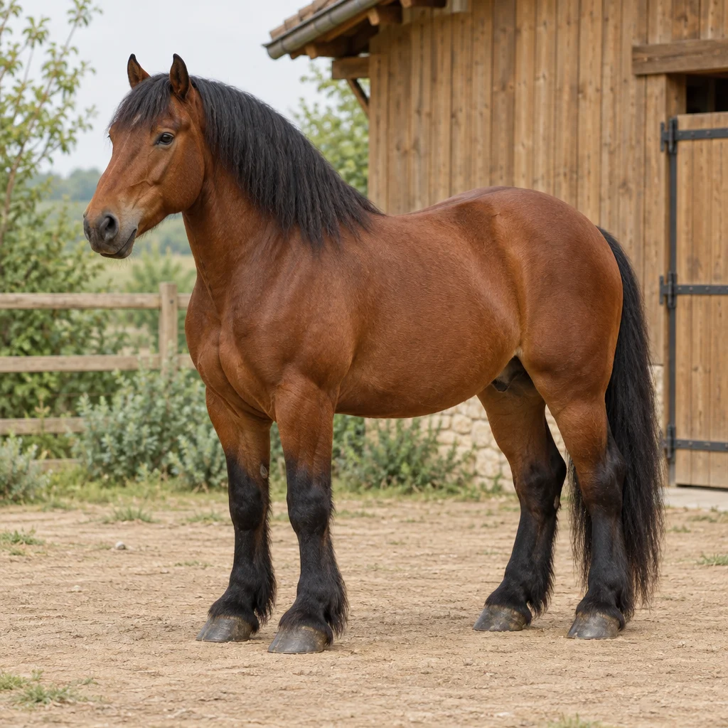 Cheval de trait bai aux crins et aux membres inférieurs noirs, visible en entier devant une écurie en bois.