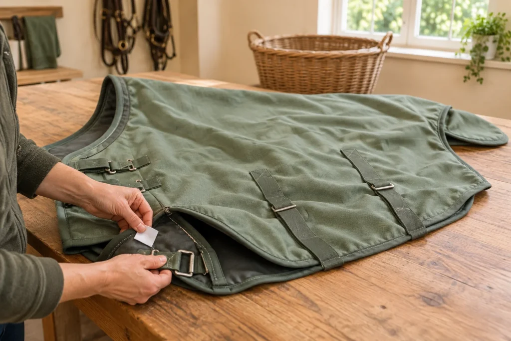 Des mains tiennent une étiquette vierge et une attache près d’une couverture verte pour cheval posée sur une table en bois.
