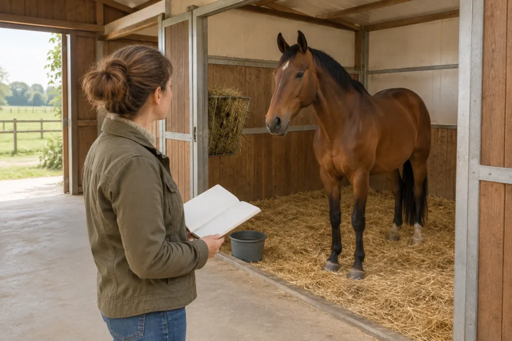 Une personne avec un carnet de notes vierge regarde un cheval brun dans un box garni de paille, avec du foin et un seau d’eau.