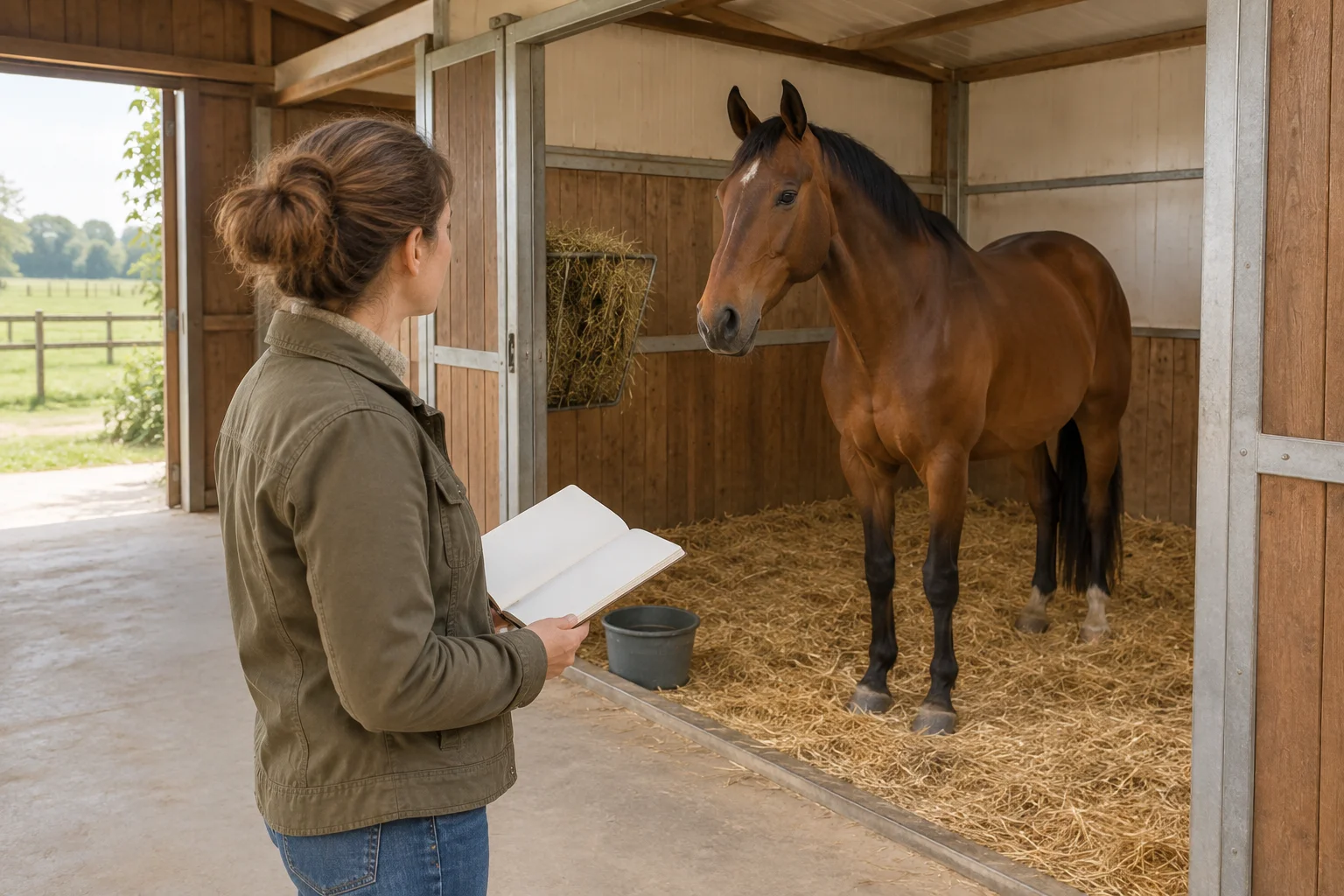 Une personne avec un carnet de notes vierge regarde un cheval brun dans un box garni de paille, avec du foin et un seau d’eau.