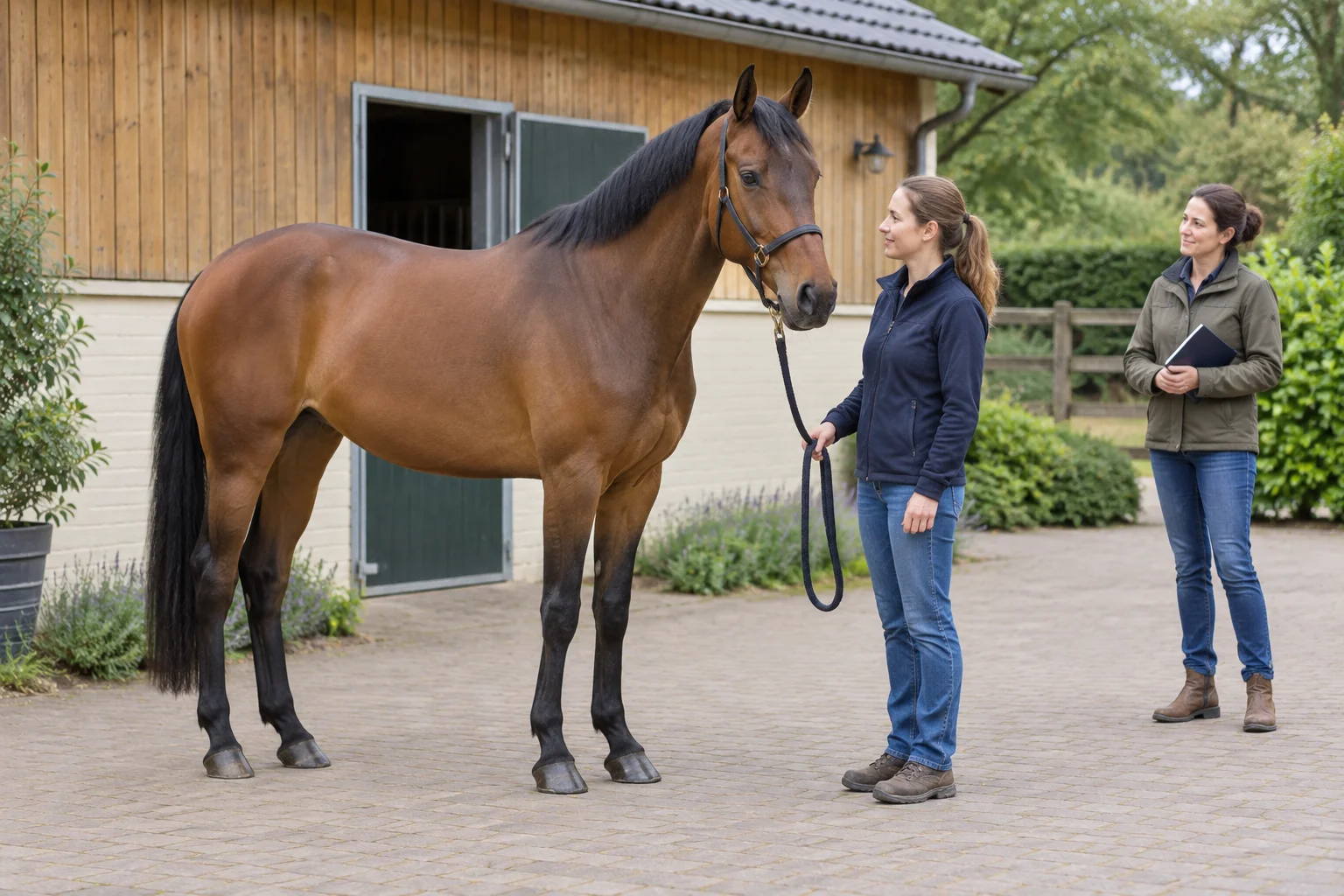 Un cheval brun se tient près d’une écurie. Une femme tient sa longe et une deuxième femme porte un dossier.