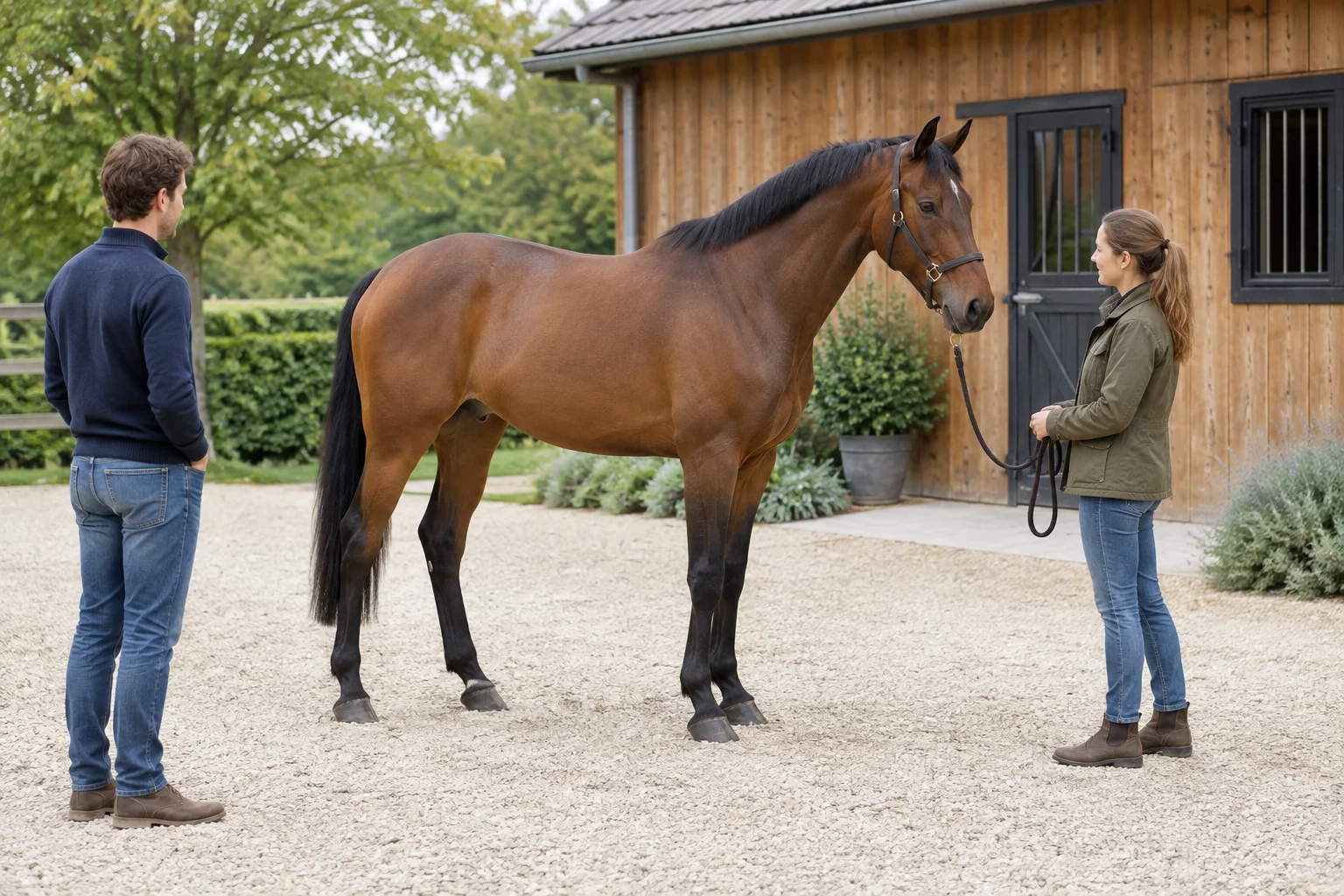 Un cheval brun se tient dans une cour près d’une écurie en bois, avec une femme qui tient la longe fixée à son licol et un homme qui observe à distance.