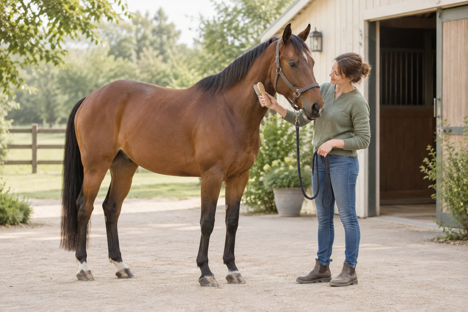 Une personne brosse l’encolure d’un cheval brun dans une cour près d’une écurie ouverte.