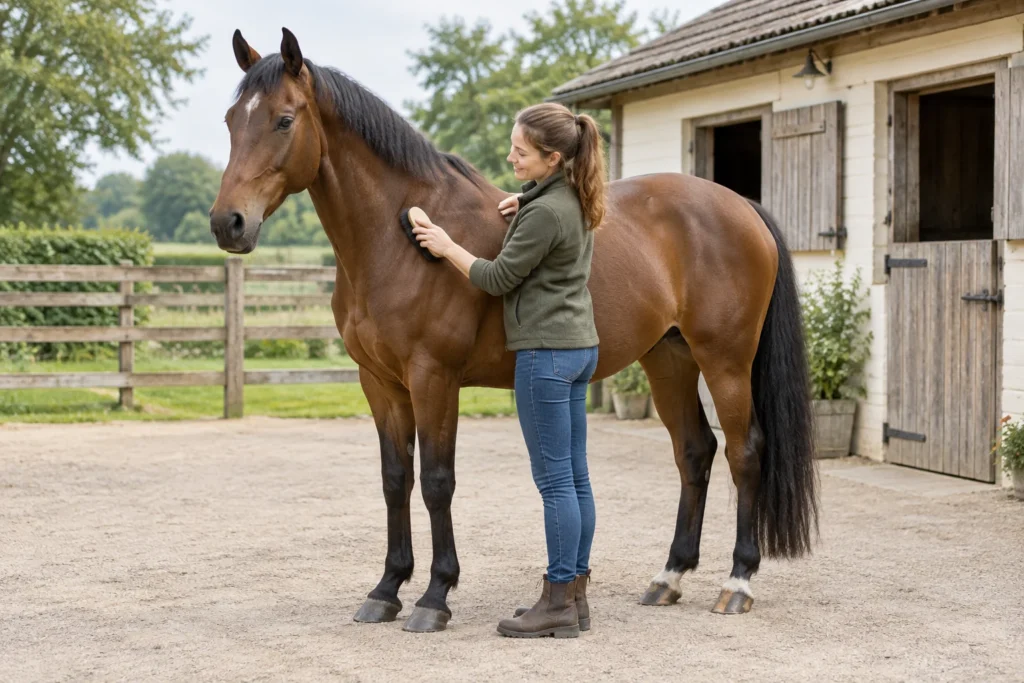 Une femme brosse un cheval brun dans une cour, à côté d’une écurie.