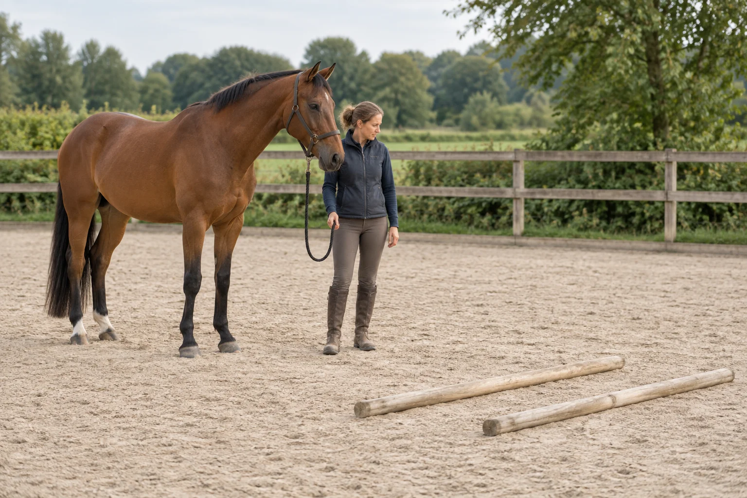 Une personne se tient avec un cheval brun à côté de deux barres au sol en bois dans une carrière.