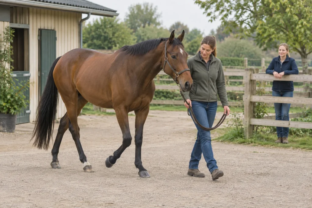 Un cheval brun marche au licol à côté d’une personne qui le guide dans une cour, tandis qu’une autre personne regarde près d’une clôture en bois.