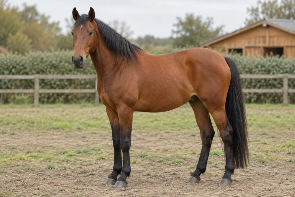 Cheval bai avec une crinière noire, une queue noire et le bas des membres foncé, debout dans un paddock avec ses quatre sabots visibles.