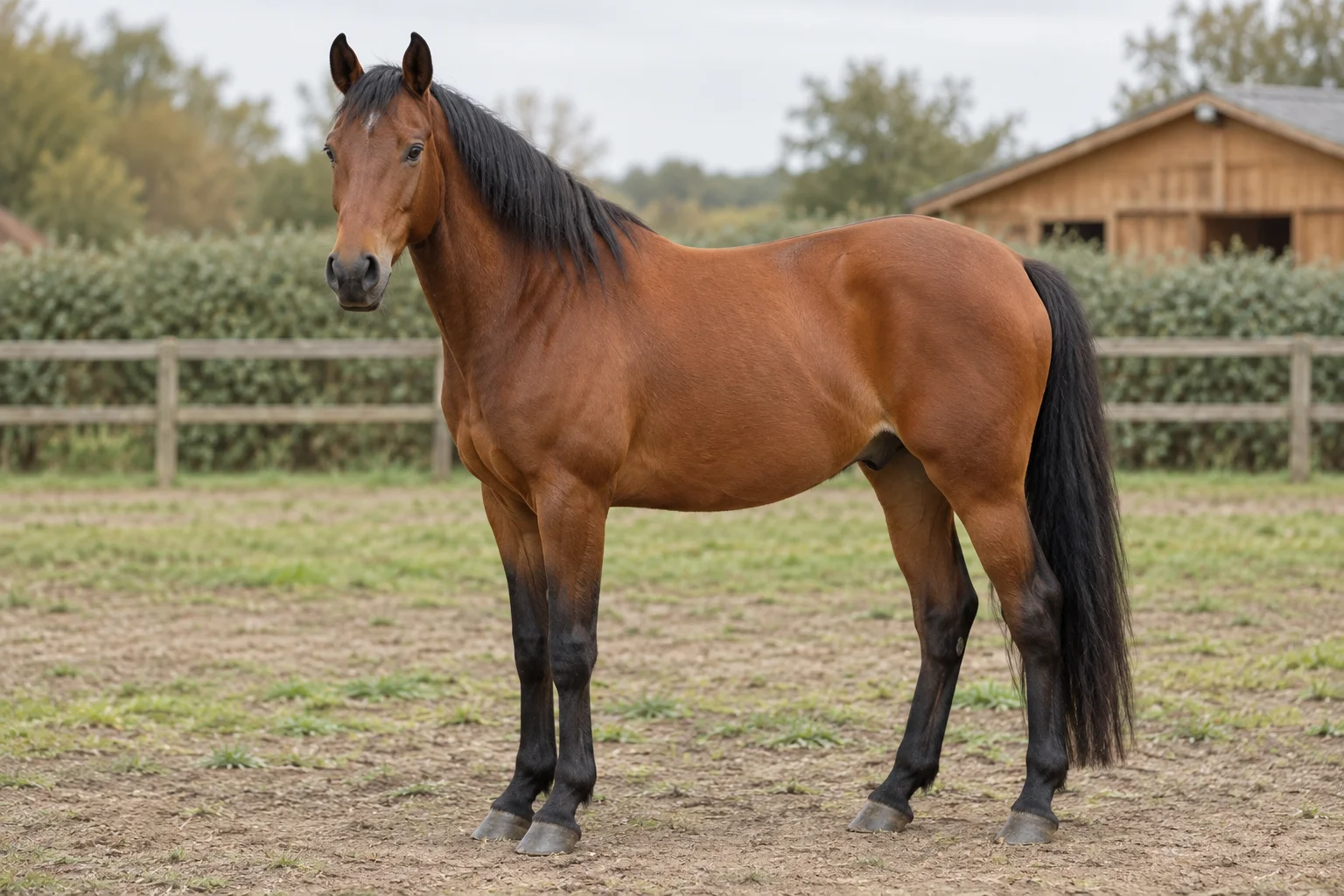 Cheval bai avec une crinière noire, une queue noire et le bas des membres foncé, debout dans un paddock avec ses quatre sabots visibles.