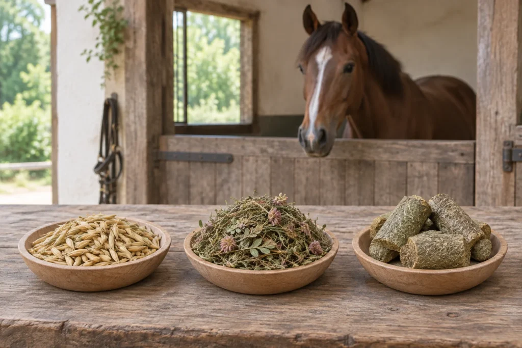 Trois bols en bois contenant des grains de céréales, des tiges de plantes séchées et des morceaux d’aliment comprimé sur une table en bois. À l’arrière, un cheval brun se tient dans une écurie.