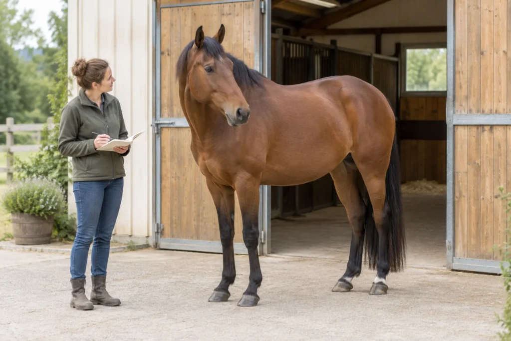 Un cheval brun se tient près d’une écurie ouverte tandis qu’une personne munie d’un carnet l’observe.