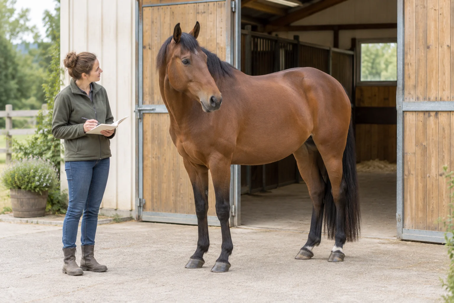 Un cheval brun se tient près d’une écurie ouverte tandis qu’une personne munie d’un carnet l’observe.