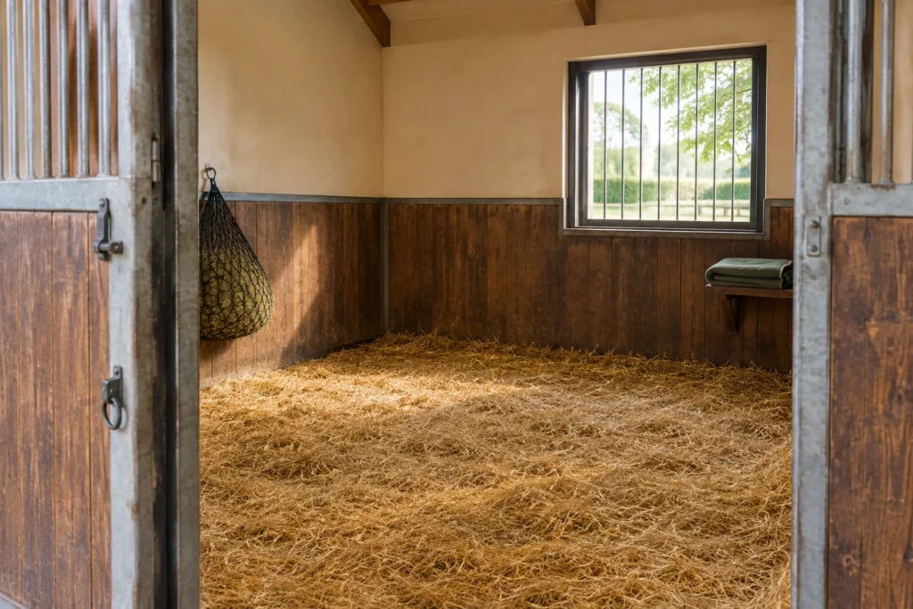 Box pour cheval vide avec de la paille, un filet à foin et une fenêtre.