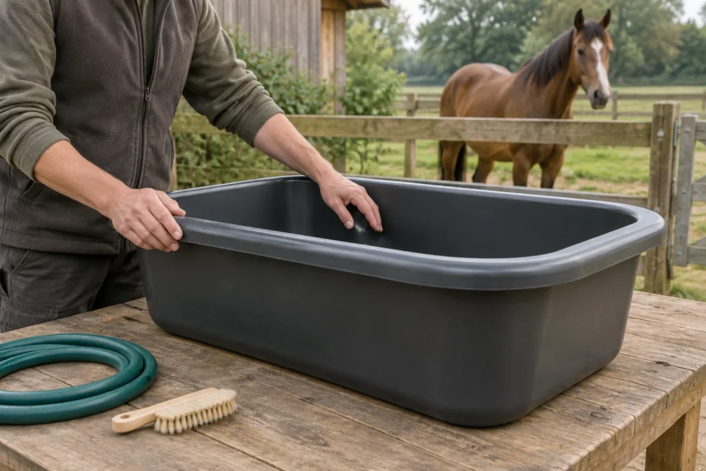 Une personne passe la main sur le bord et à l’intérieur d’un abreuvoir sombre et vide posé sur une table en bois. À côté se trouvent un tuyau d’arrosage et une brosse ; un cheval se tient derrière une clôture.