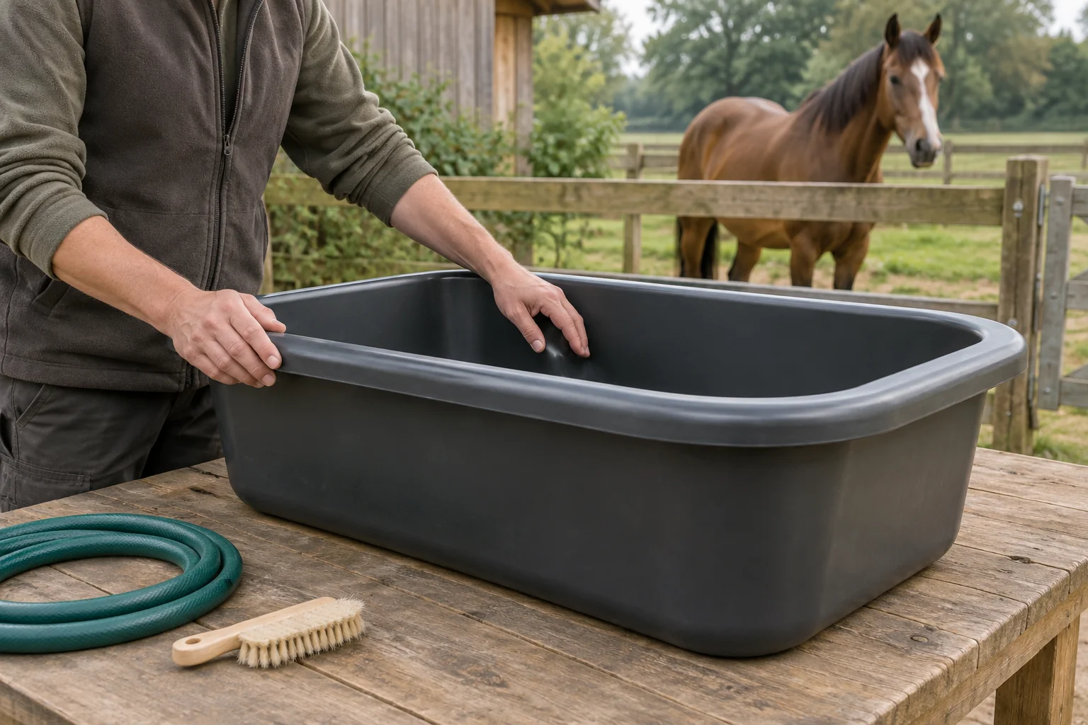 Une personne passe la main sur le bord et à l’intérieur d’un abreuvoir sombre et vide posé sur une table en bois. À côté se trouvent un tuyau d’arrosage et une brosse ; un cheval se tient derrière une clôture.