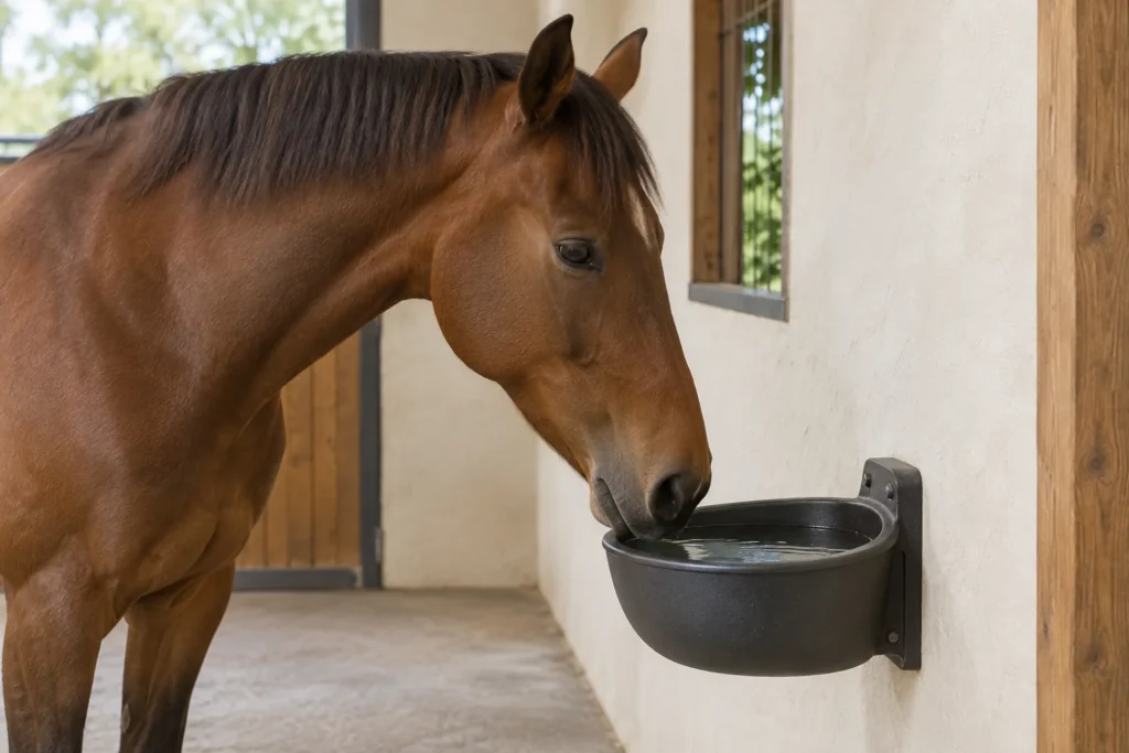 Cheval brun, le museau près d’un abreuvoir rempli d’eau fixé au mur de l’écurie.