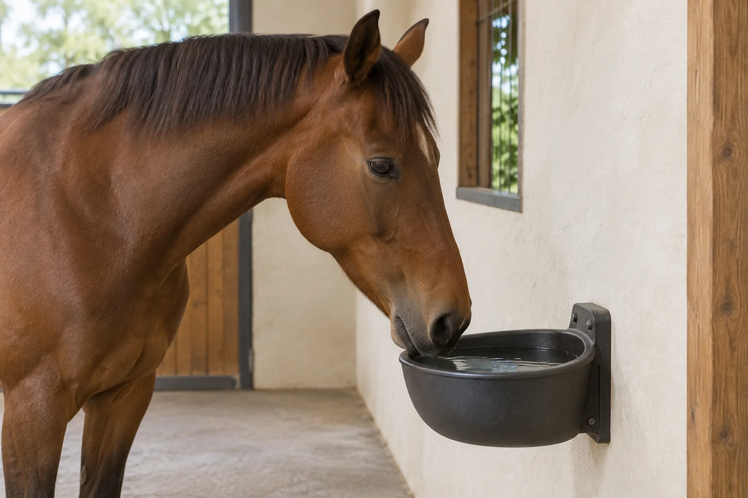 Cheval brun, le museau près d’un abreuvoir rempli d’eau fixé au mur de l’écurie.