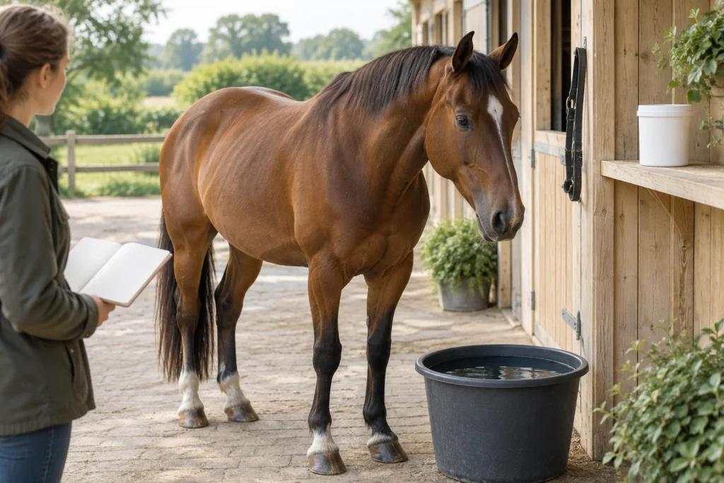 Un cheval brun se tient près d’un seau d’eau tandis qu’une personne chargée de ses soins l’observe, un carnet ouvert à la main.