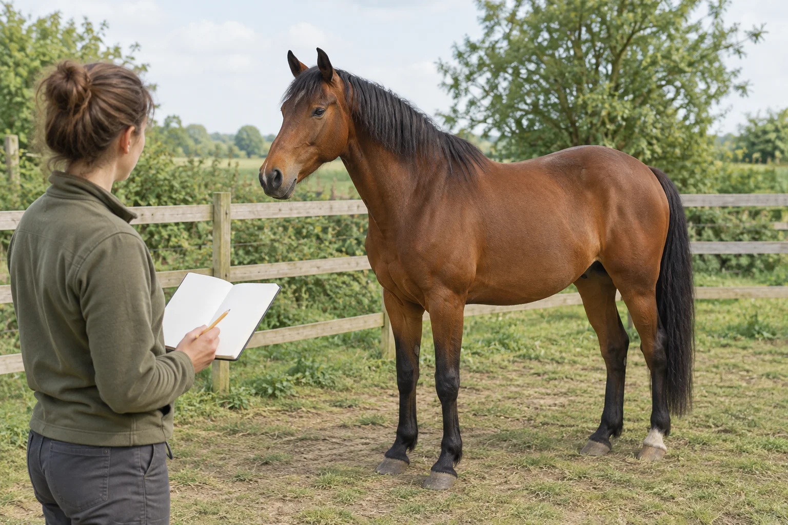 Un cheval brun se tient dans un paddock clôturé tandis qu’une personne l’observe avec un carnet de notes vierge.