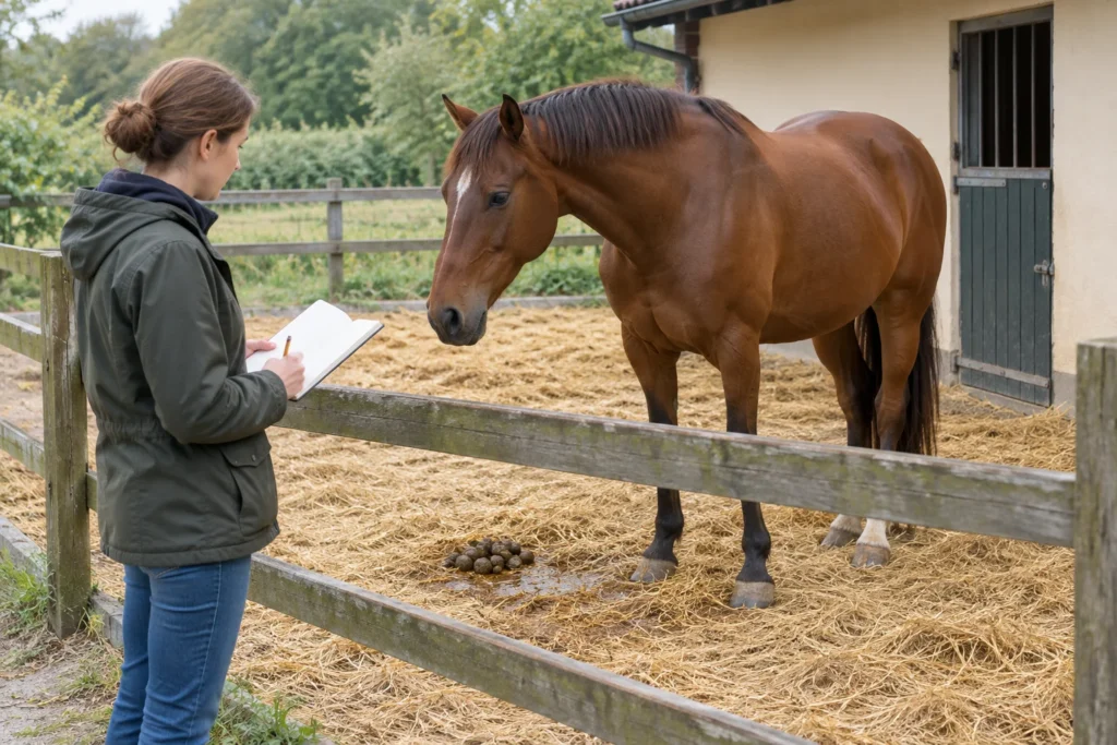 Un cheval brun se tient près d’une clôture en bois. Une femme tient un carnet ouvert ; sur la paille, des crottins se trouvent à côté d’une zone humide.
