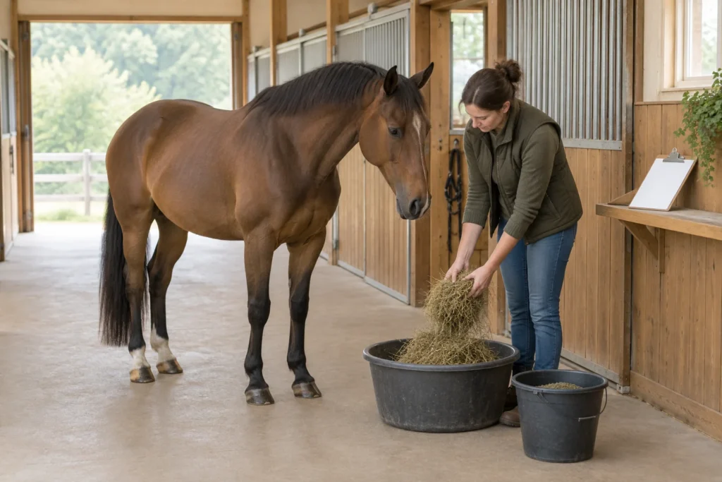 Une femme dépose du foin dans une mangeoire à côté d’un cheval brun. Un seau contenant de la nourriture et un porte documents vide se trouvent également à proximité.