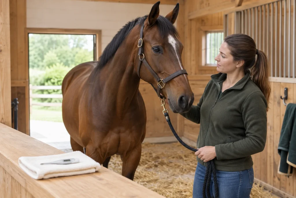 Un cheval brun se tient calmement à côté d’une personne qui s’occupe de lui dans une écurie en bois. Un thermomètre numérique repose sur un linge plié.