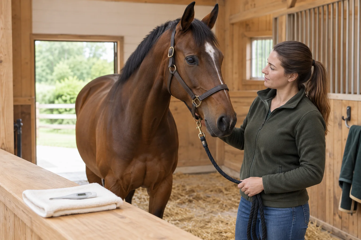 Un cheval brun se tient calmement à côté d’une personne qui s’occupe de lui dans une écurie en bois. Un thermomètre numérique repose sur un linge plié.
