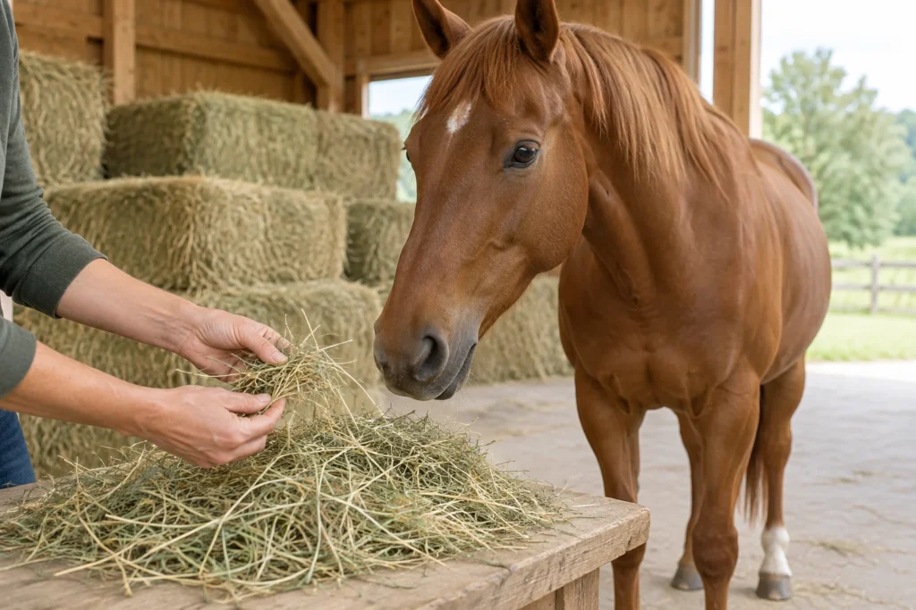 Des mains tiennent une poignée de foin en l’air, juste au niveau supérieur d’une table en bois, à côté d’un cheval brun. À l’arrière, des bottes de foin se trouvent dans une grange.