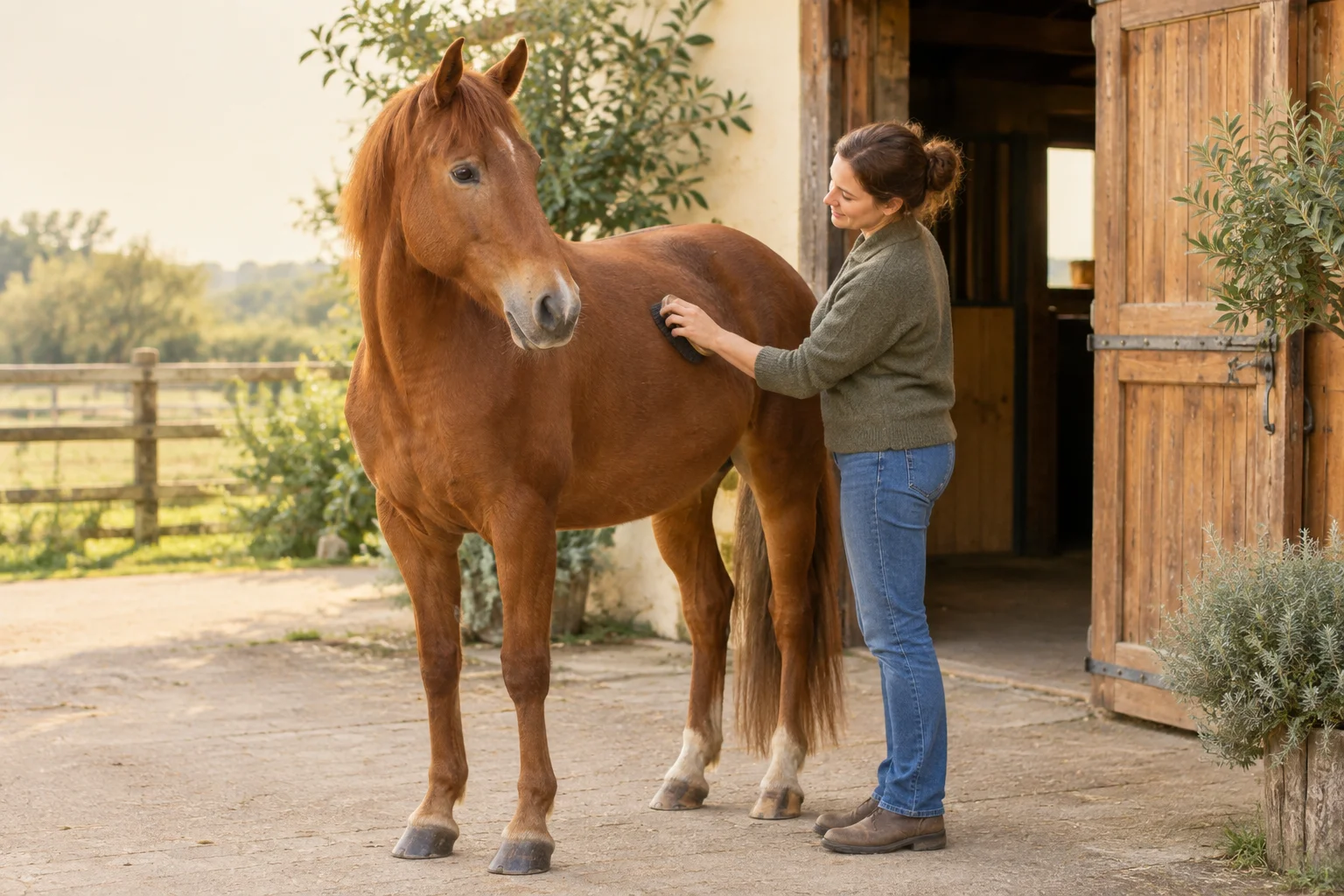 Un cheval alezan se tient près d’une écurie en bois pendant qu’une femme lui brosse l’épaule.