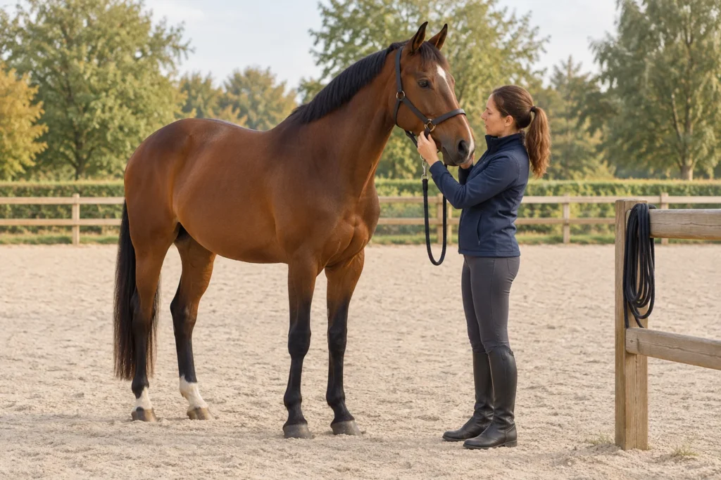 Une femme vérifie le licol d’un cheval brun dans une carrière clôturée. Une longe enroulée est posée sur la clôture.