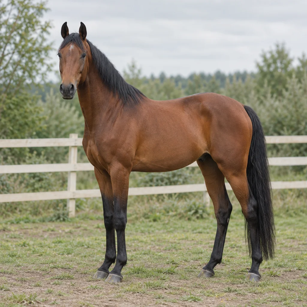 Cheval bai à la crinière, à la queue et aux bas des membres noirs, entièrement visible près d'une clôture en bois.