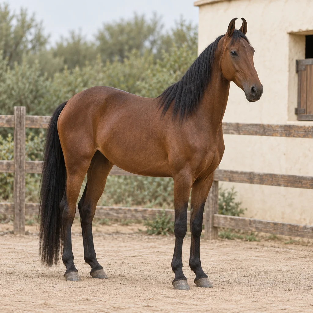 Cheval brun à la crinière noire, aux oreilles courbées vers l’intérieur, avec ses quatre sabots visibles dans un paddock clôturé.