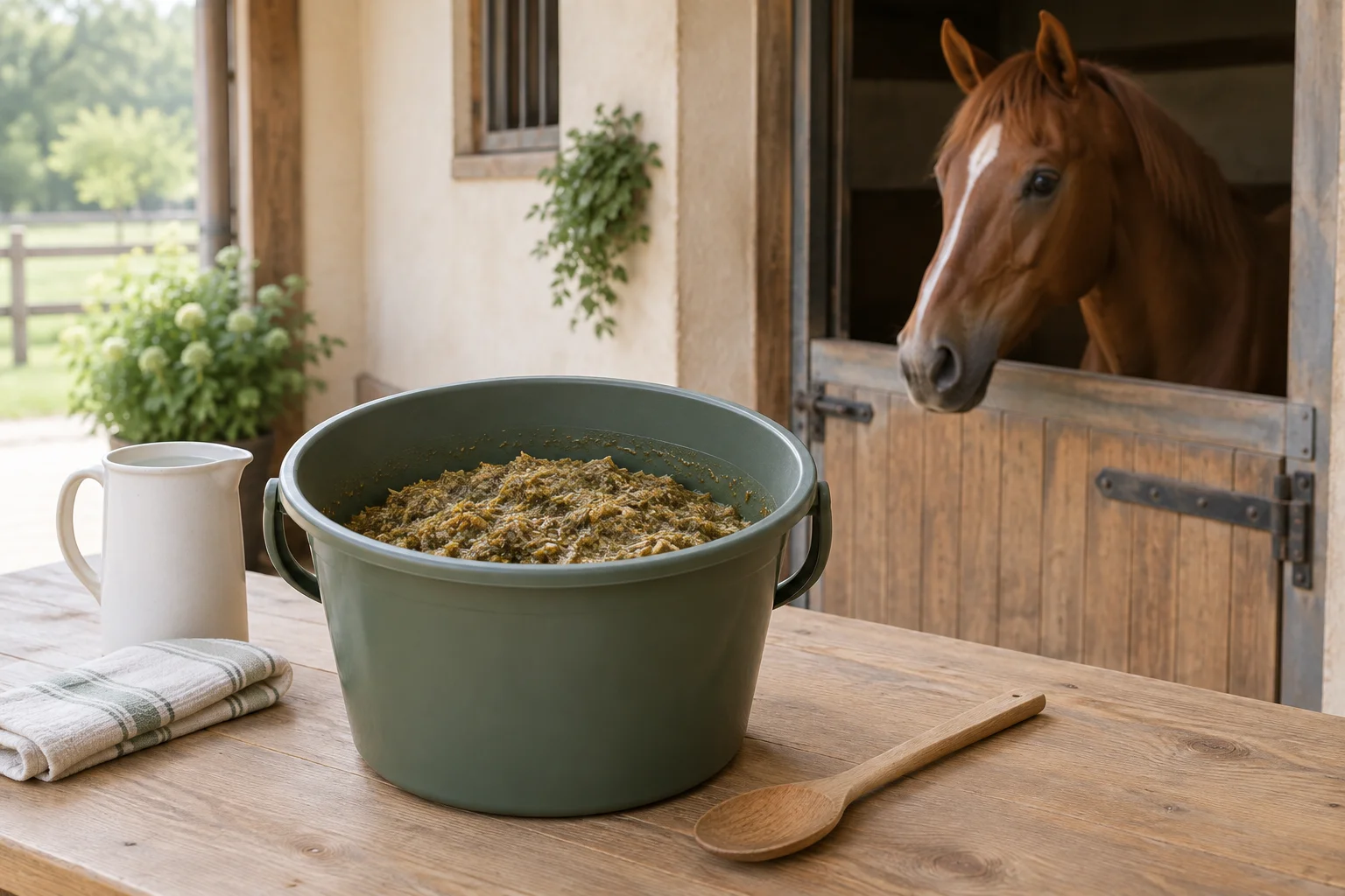 Seau de mash humide sur une table en bois, à côté d’une carafe d’eau, d’un torchon et d’une cuillère en bois. Un cheval alezan regarde depuis son box.