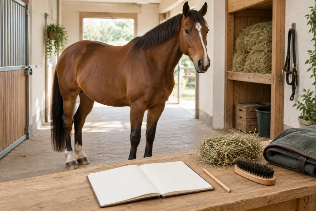 Cheval brun dans l’allée d’une écurie, avec un carnet vide, un crayon, du foin, une brosse et une couverture sur une table en bois.