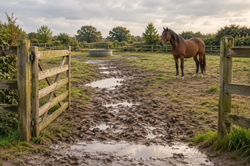 Un cheval brun se tient dans une aire de sortie clôturée, à côté d’un passage boueux avec des flaques près du portail ouvert.