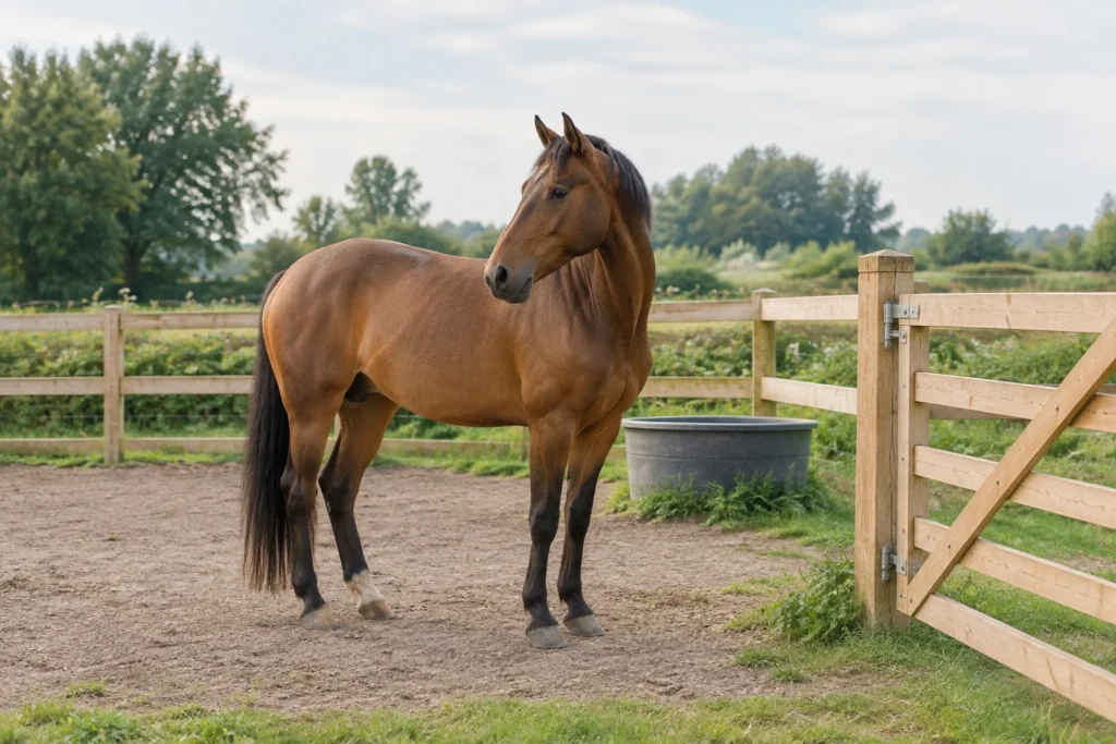 Un cheval brun se tient sur le sol sec d’un paddock, à côté d’une clôture en bois et d’un bac à eau.