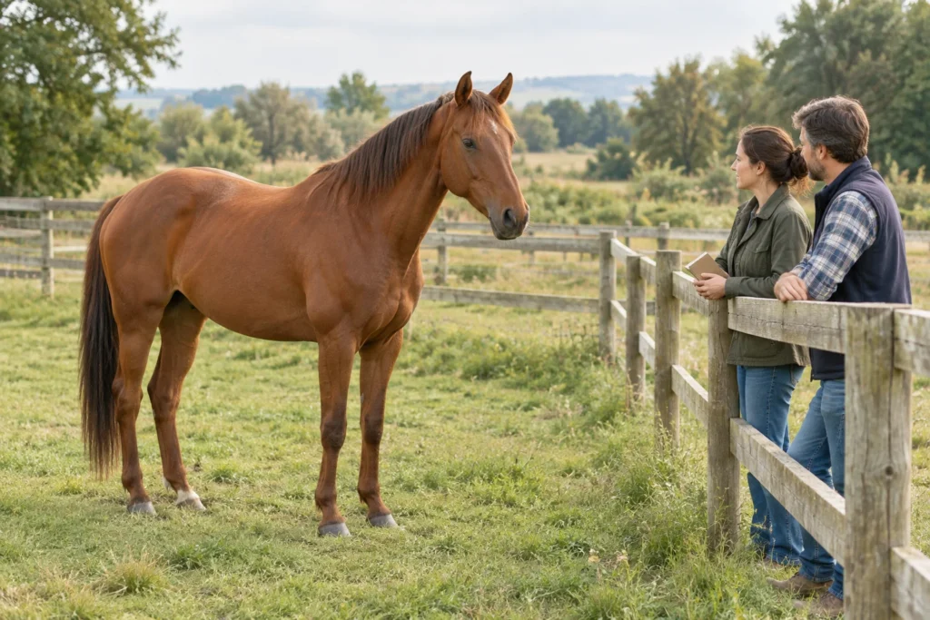 Un cheval brun se tient dans une pâture herbeuse près d’une clôture en bois. Deux personnes regardent le cheval ; l’une d’elles tient un carnet fermé.