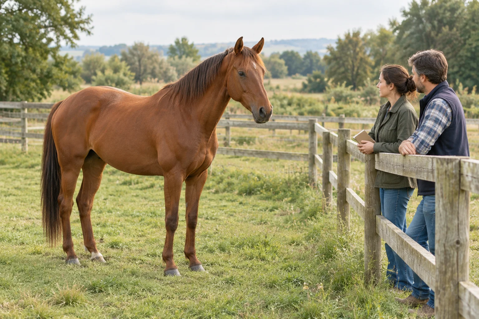 Un cheval brun se tient dans une pâture herbeuse près d’une clôture en bois. Deux personnes regardent le cheval ; l’une d’elles tient un carnet fermé.