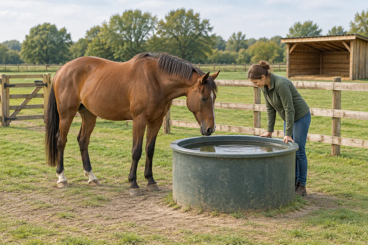 Une femme examine l’eau d’un abreuvoir à côté d’un cheval dans un pré clôturé. Un abri pour chevaux se trouve au fond.