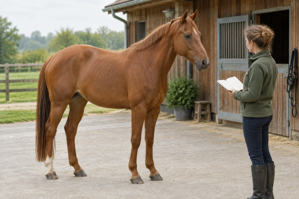 Un cheval alezan se tient dans la cour à côté d’une femme avec un carnet ouvert.