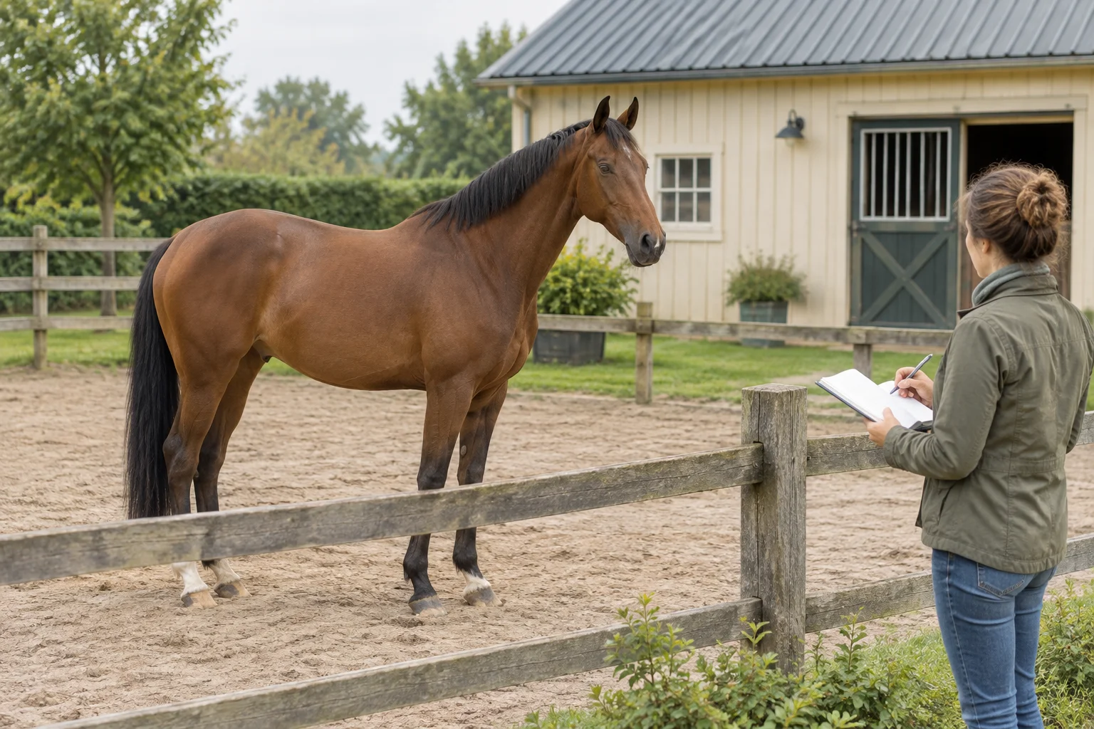 Un cheval brun se tient dans un paddock tandis qu’une personne écrit dans un carnet de l’autre côté de la clôture.