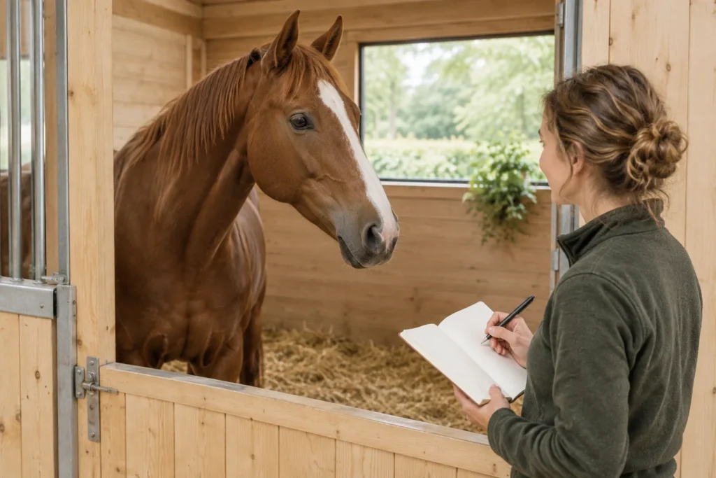 Une femme prend des notes dans un carnet à côté d’un cheval brun dans une écurie.