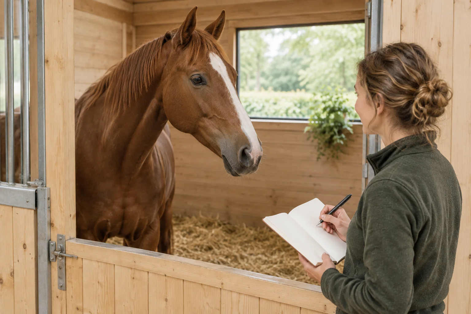 Une femme prend des notes dans un carnet à côté d’un cheval brun dans une écurie.