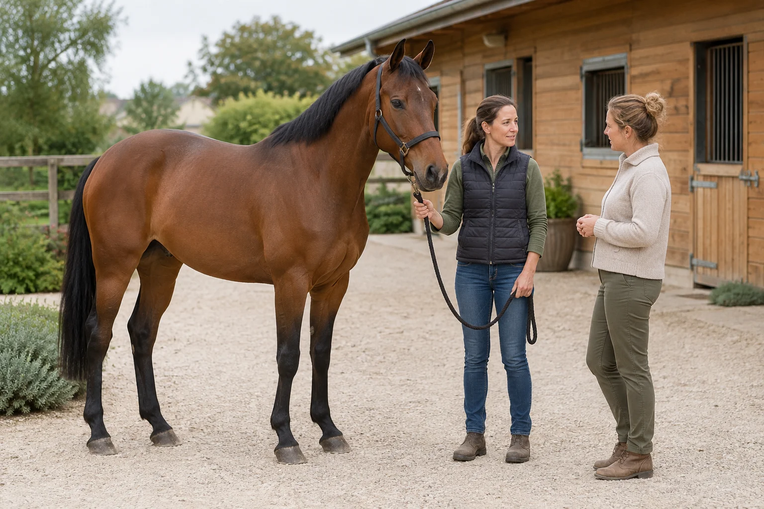 Un cheval brun portant un licol noir se tient dans une cour près d’une écurie en bois. Une femme tient la longe sans la tendre et parle avec une autre femme.