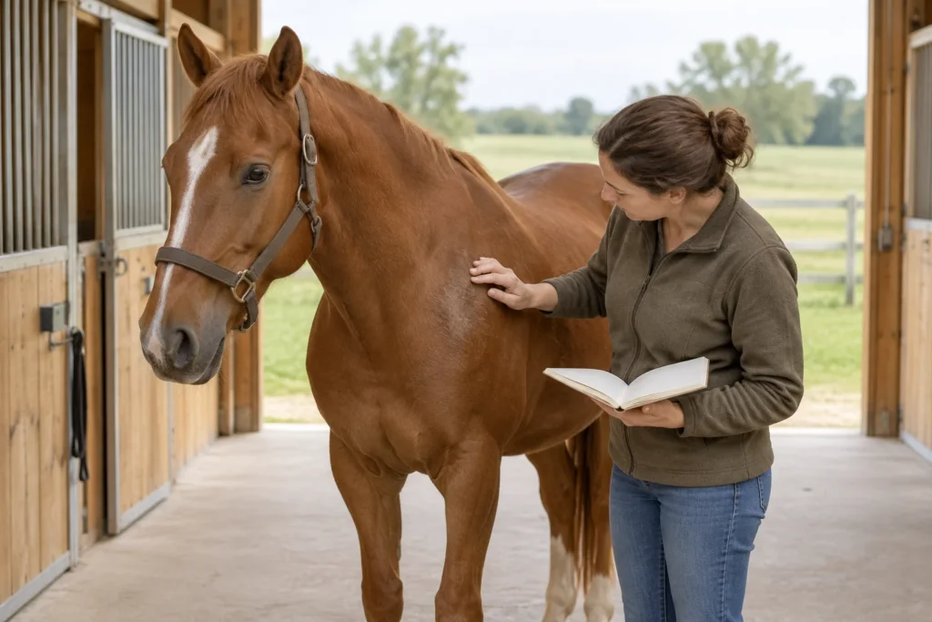 Une femme examine l’épaule d’un cheval alezan et tient un carnet ouvert dans l’allée d’une écurie.