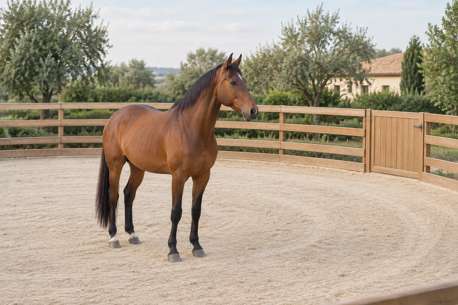 Un cheval brun se tient sur du sable à l’intérieur d’une clôture circulaire en bois, avec un portail fermé.