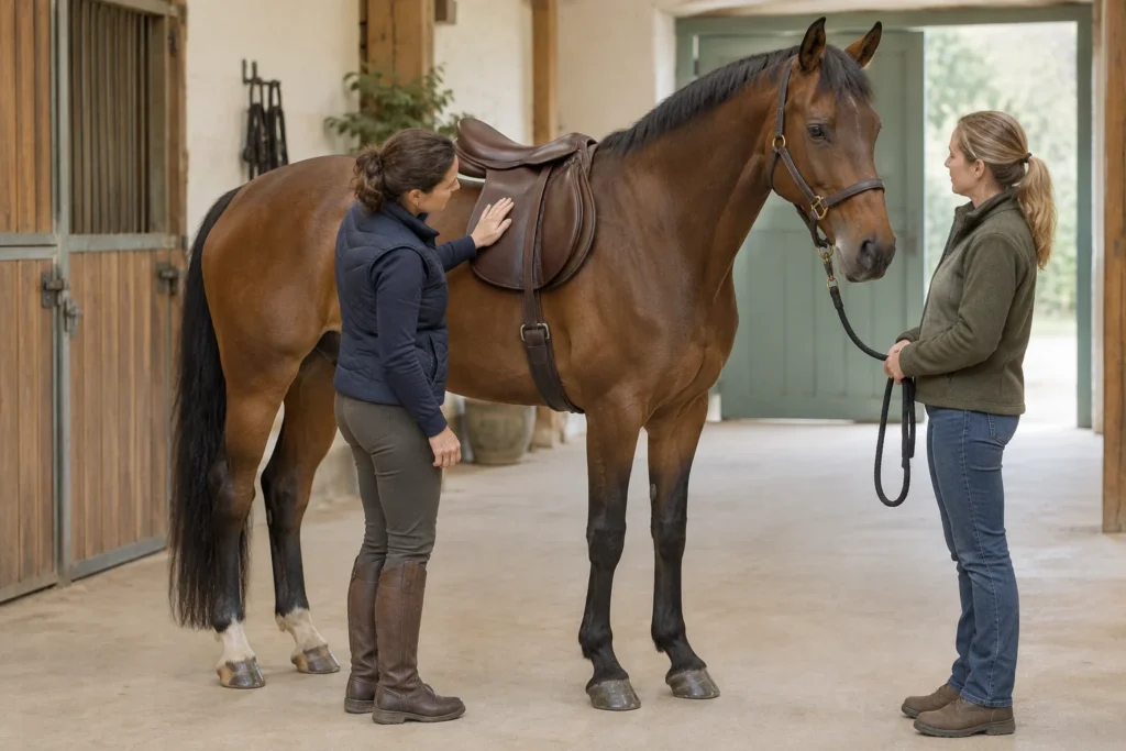 Une femme vérifie la selle sur le dos d’un cheval bai, tandis qu’une autre personne tient le cheval dans l’allée d’une écurie.