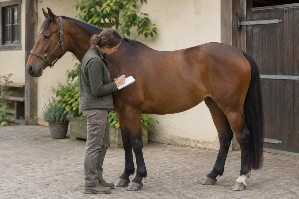 Un cheval brun se tient près d’une écurie tandis qu’une personne à côté prend des notes sur un porte documents.