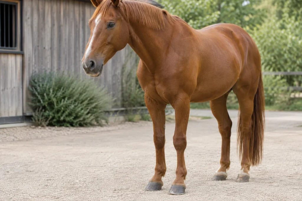 Un cheval brun se tient dans une cour près d’une écurie en bois. Le bord d’un fer est visible sous un sabot antérieur.