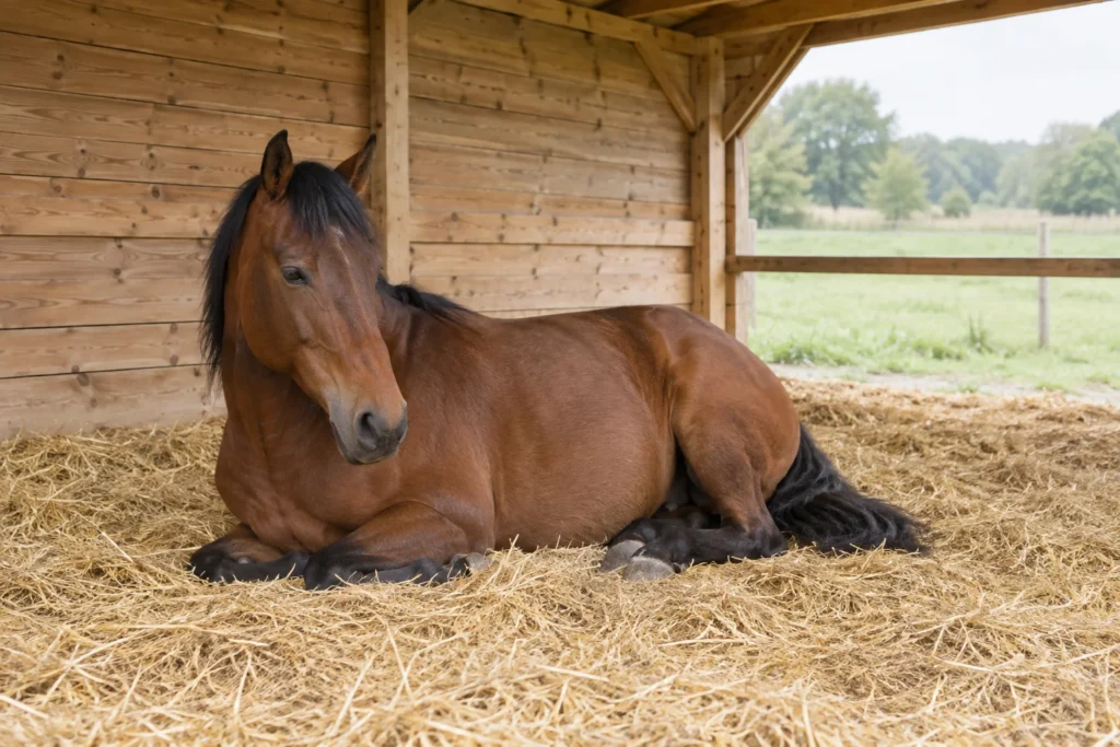 Un cheval brun est couché, la tête relevée, sur de la paille dans un abri en bois, avec une prairie verdoyante en arrière de l’abri.